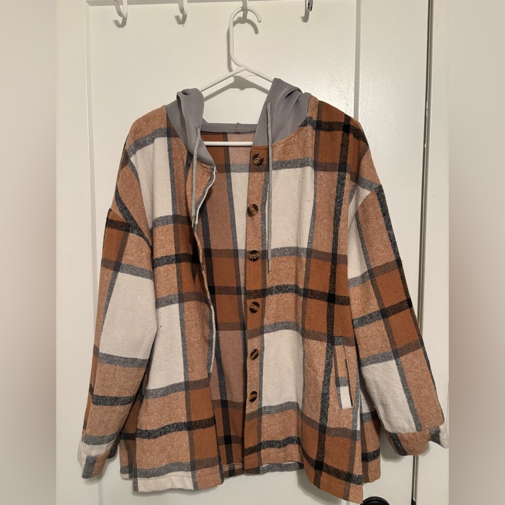 Women's Plaid Button-Up Jacket with Hood - Picture 1 of 3